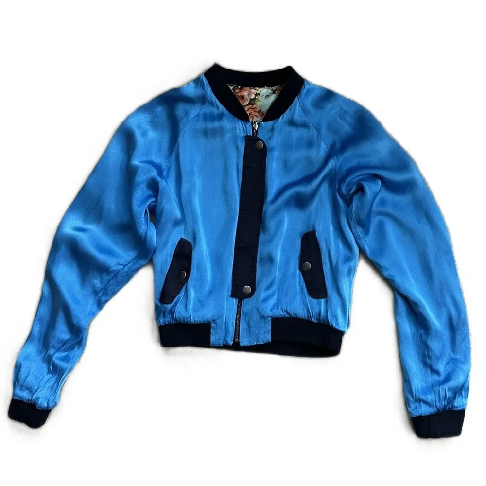 XS women Reversible Jacket Short Moto Style Floral and Blue Satin 2 looks in 1 - Picture 2 of 9